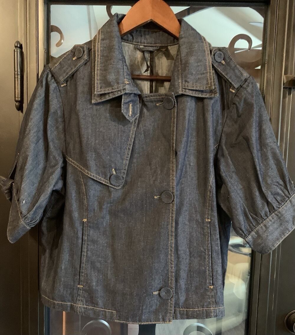 Nine West Womens Cropped Denim Jacket Top Shacket Size M Puff Sleeves Epaulettes